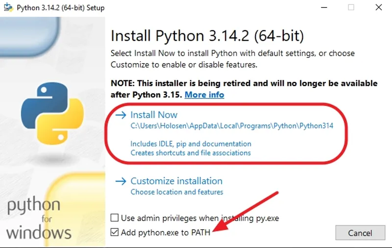 فعال کردن گزینه Add Python to PATH هنگام نصب پایتون