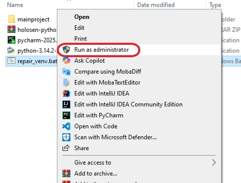 اجرای فایل repair_venv.bat