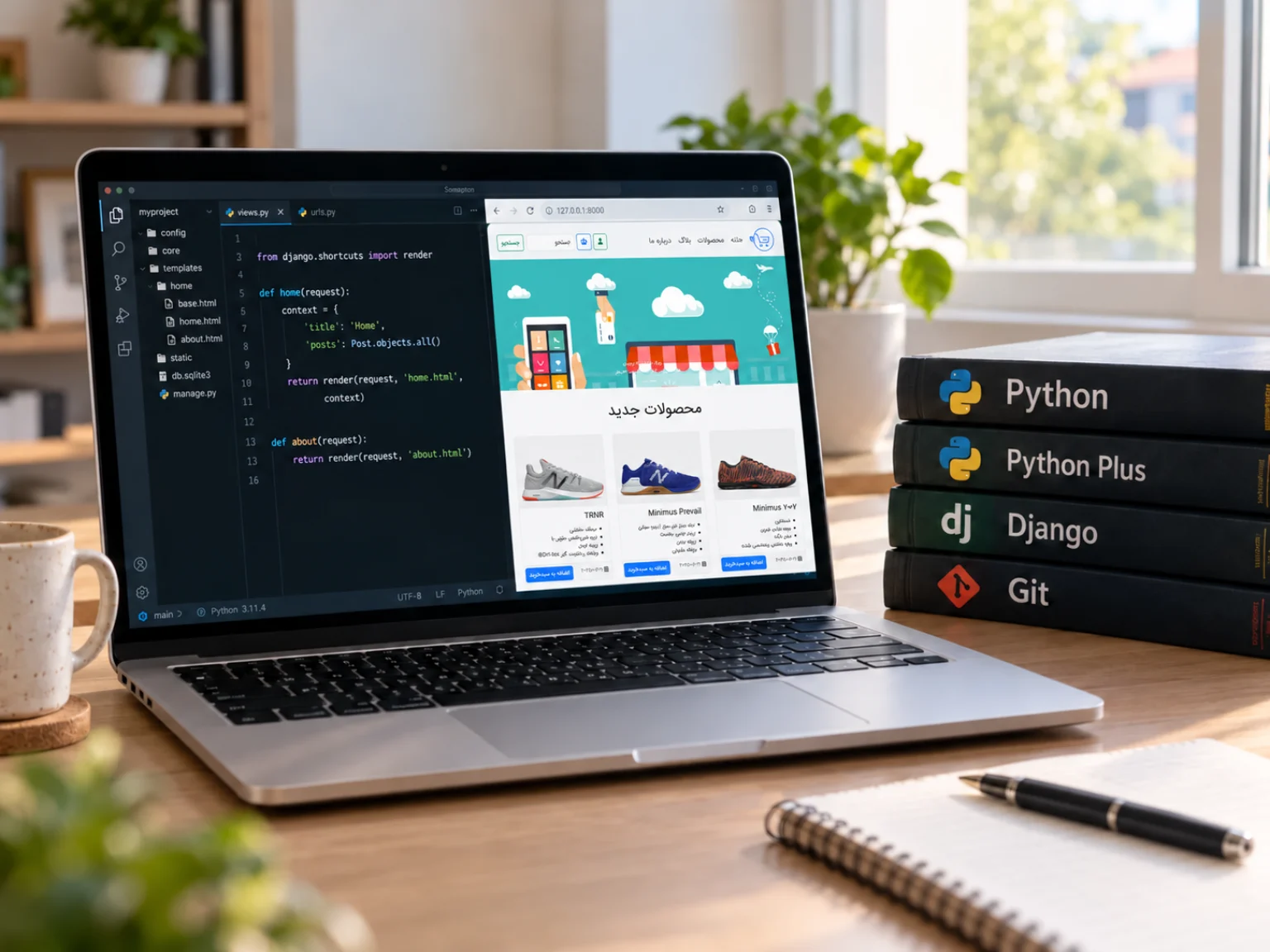 لپ‌تاپ با کد پایتون و فروشگاه پروژه جنگو، کنار کتاب‌های Python، Python Plus، Django و Git